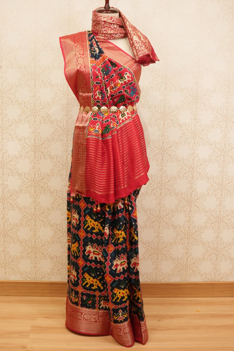 Black and Vermilion Red Dola Silk Patola Saree — photo 2