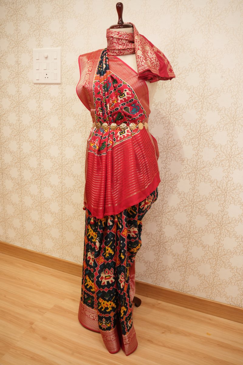 Black and Vermilion Red Dola Silk Patola Saree — photo 3