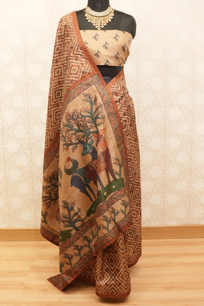 Earthy Beige and Rust Brown Viscose Kalamkari Saree — photo 2