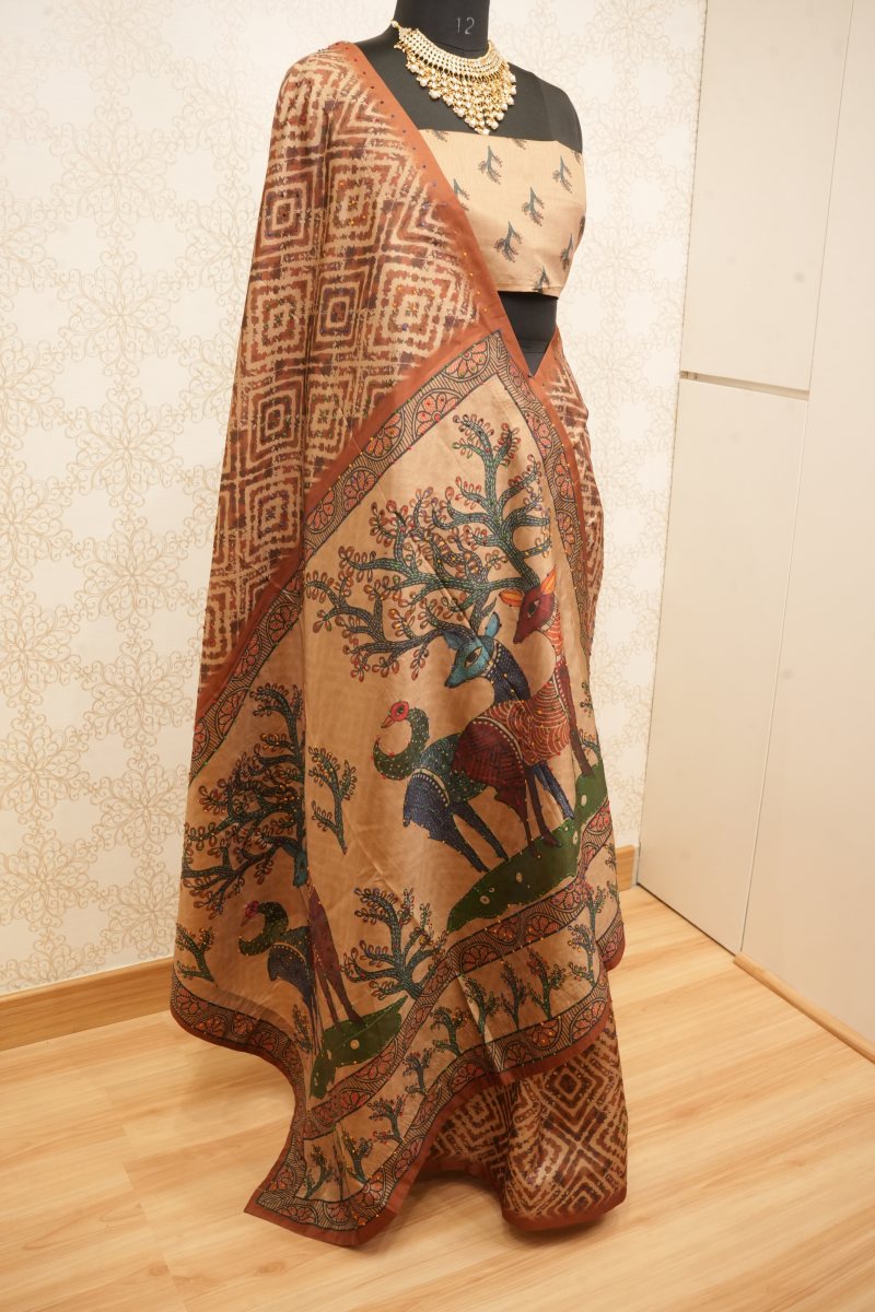Earthy Beige and Rust Brown Viscose Kalamkari Saree — photo 5