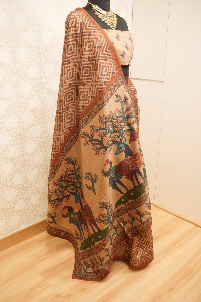 Earthy Beige and Rust Brown Viscose Kalamkari Saree — photo 6