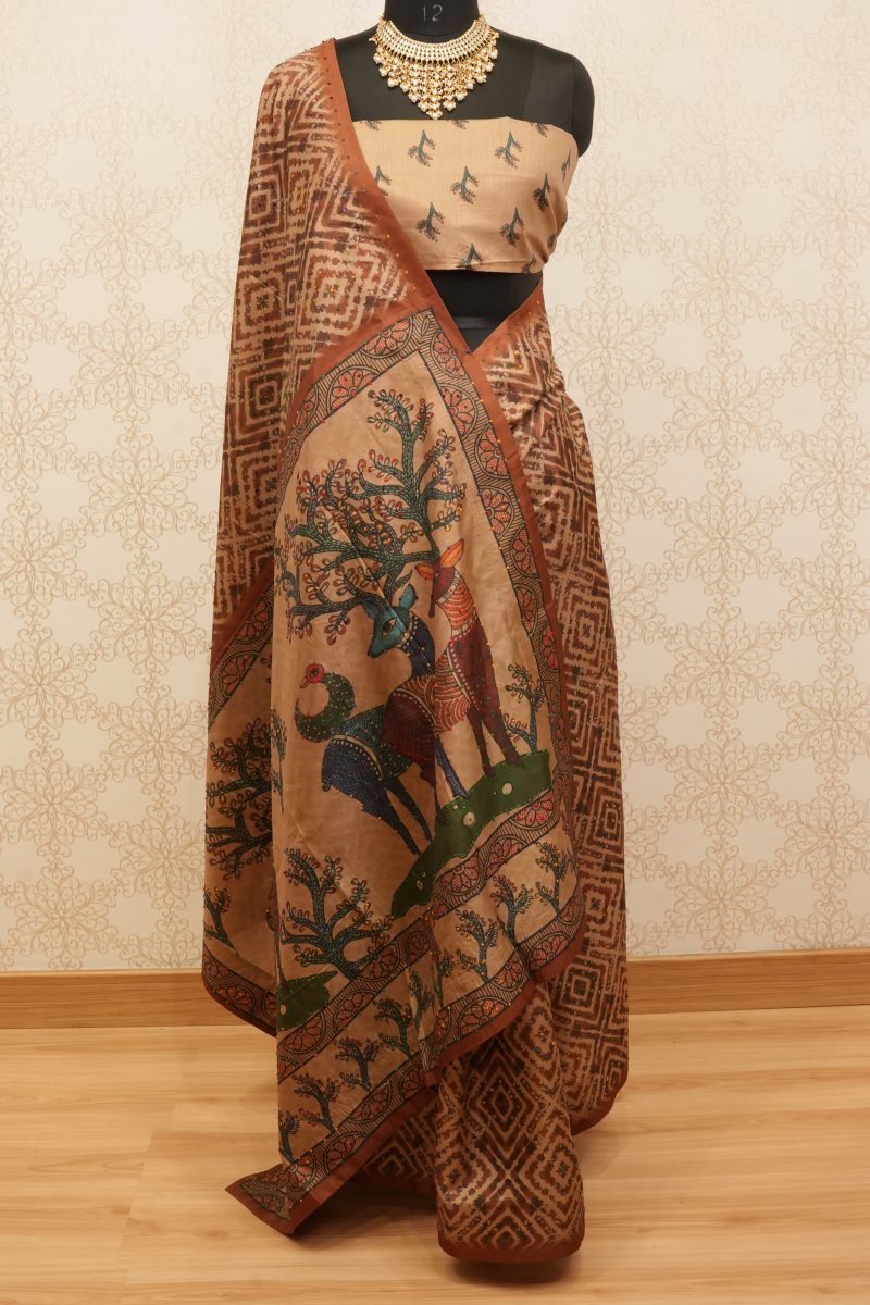 Earthy Beige and Rust Brown Viscose Kalamkari Saree — front