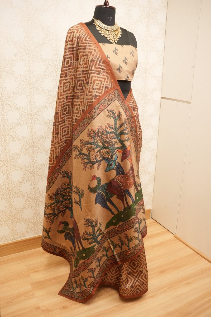 Earthy Beige and Rust Brown Viscose Kalamkari Saree — photo 4