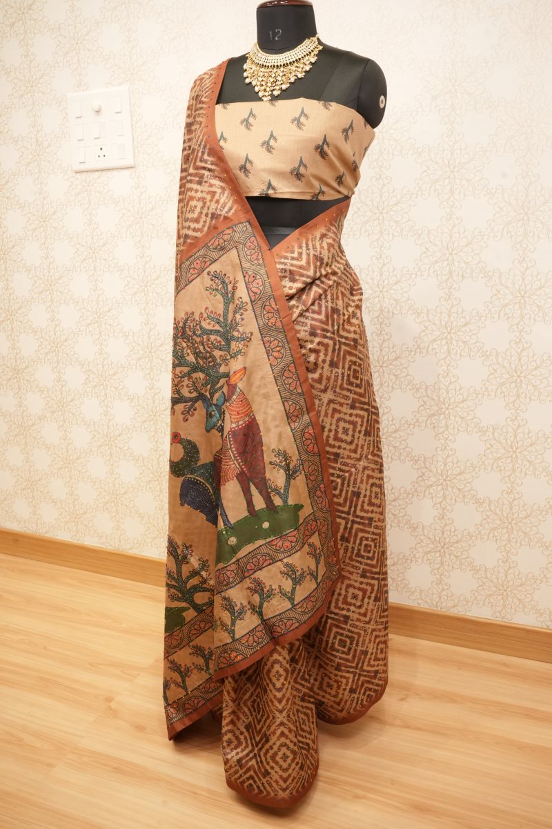 Earthy Beige and Rust Brown Viscose Kalamkari Saree — photo 3