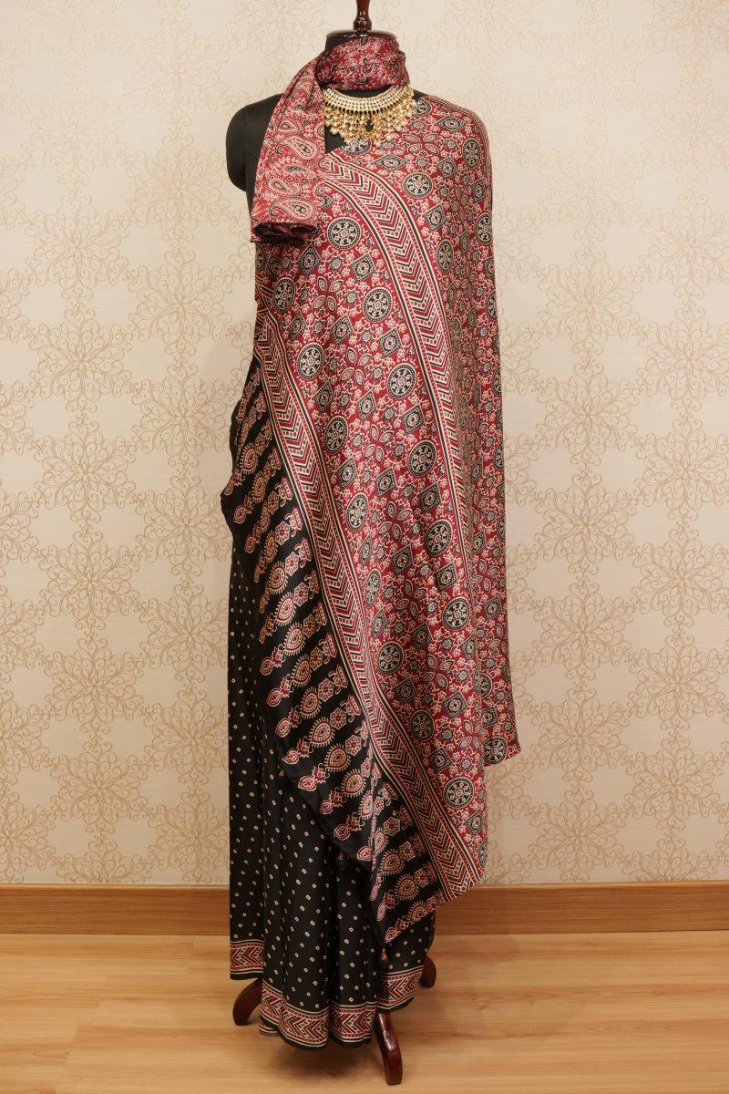 Black and Madder Red Modal Ajrak Print Saree — photo 2