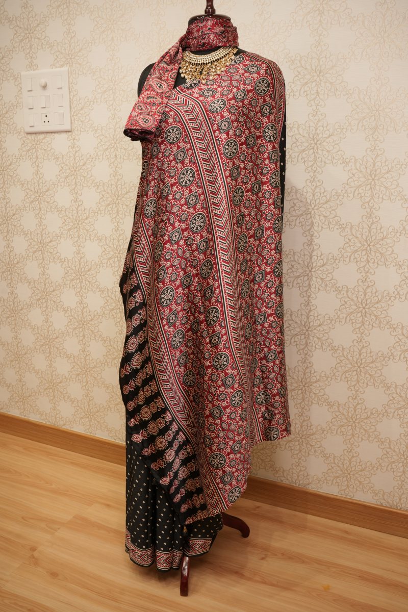 Black and Madder Red Modal Ajrak Print Saree — photo 3