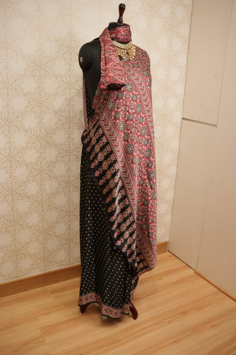 Black and Madder Red Modal Ajrak Print Saree — photo 5