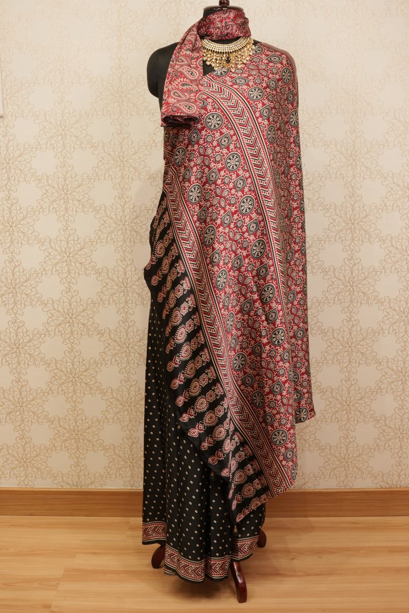 Black and Madder Red Modal Ajrak Print Saree — front