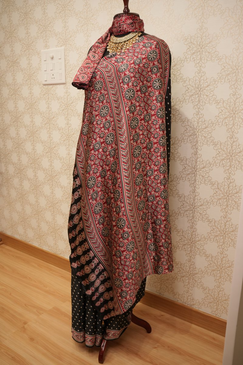 Black and Madder Red Modal Ajrak Print Saree — photo 4