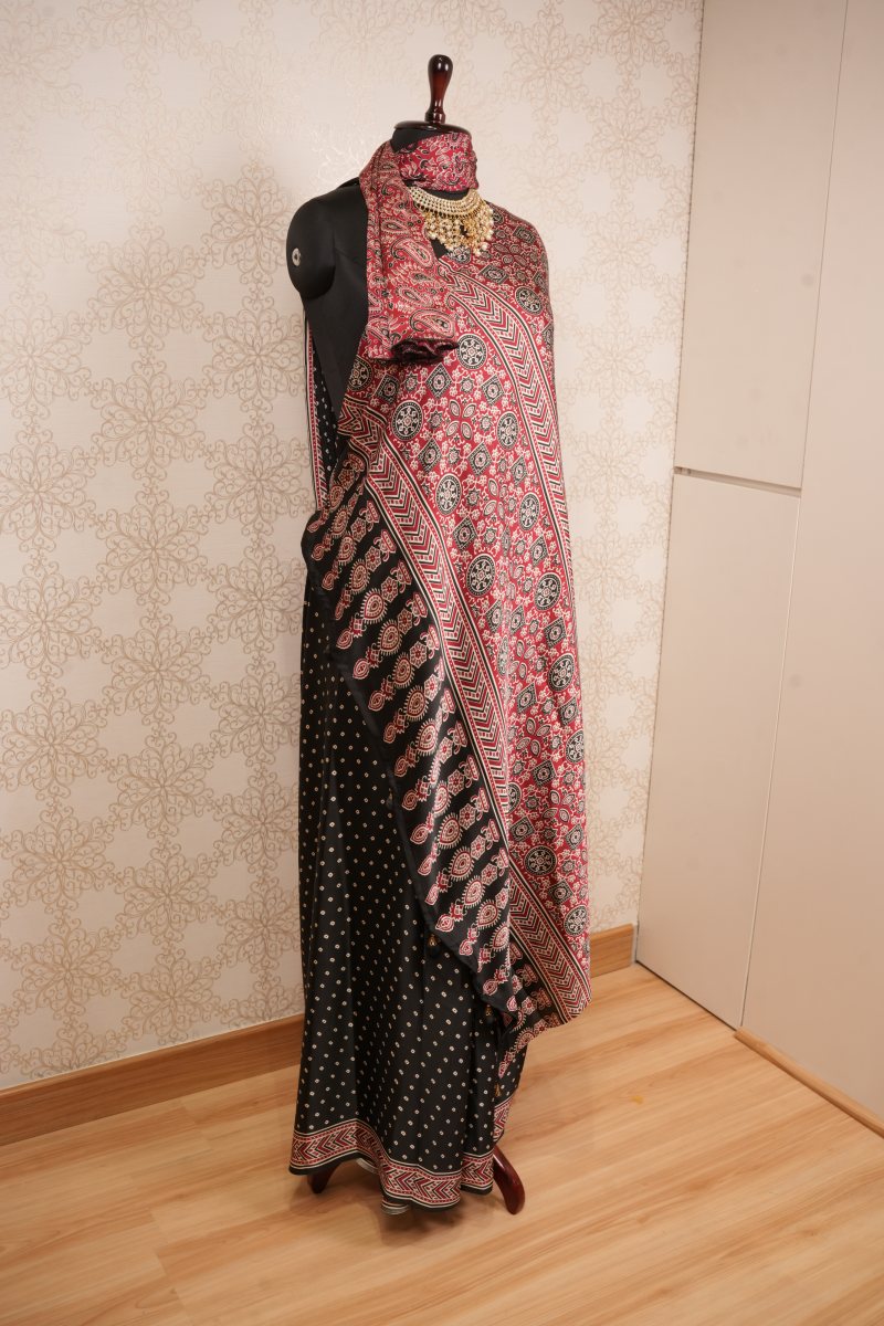 Black and Madder Red Modal Ajrak Print Saree — photo 6