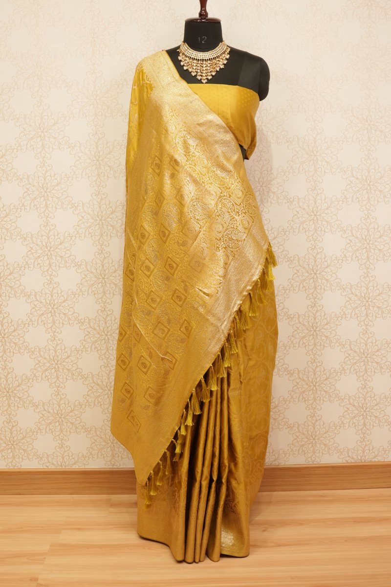 Mustard Gold Satin Saree with Peacock Jaal — photo 3