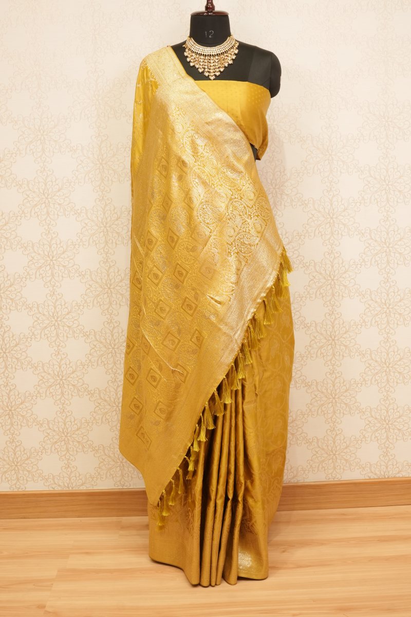 Mustard Gold Satin Saree with Peacock Jaal — front
