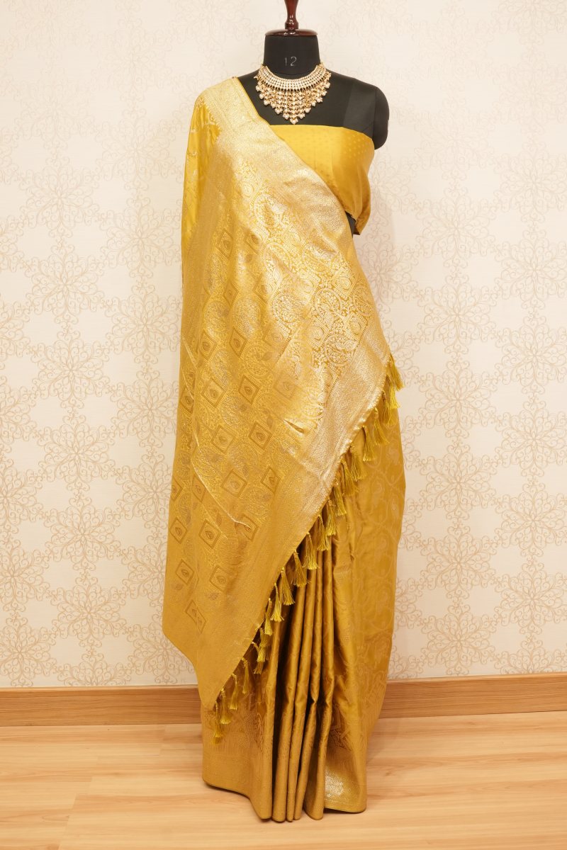 Mustard Gold Satin Saree with Peacock Jaal — photo 2
