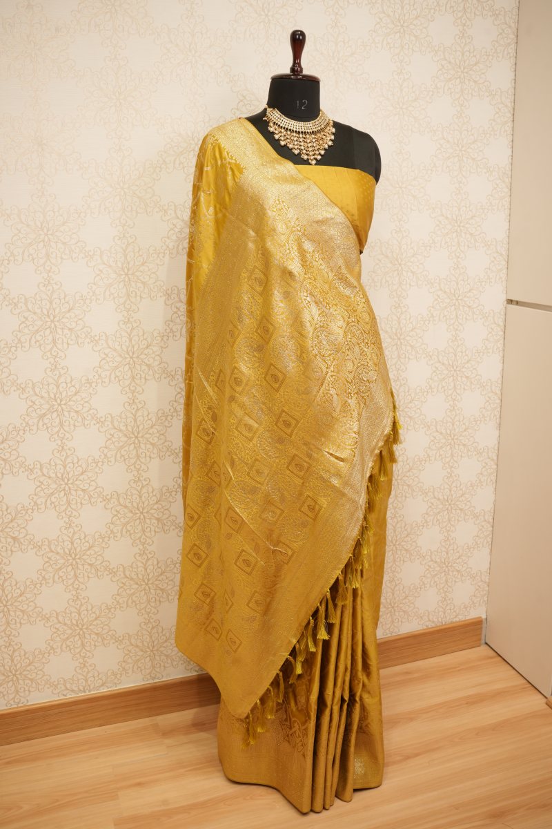 Mustard Gold Satin Saree with Peacock Jaal — photo 4