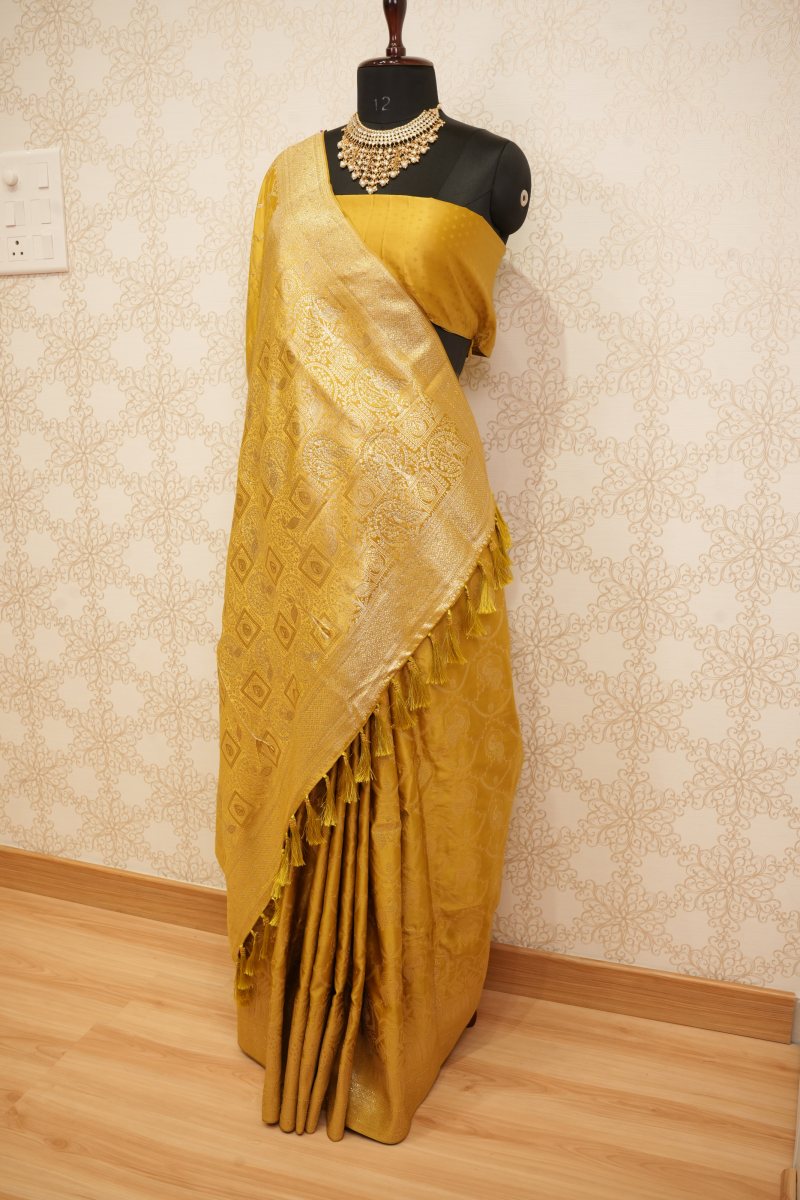 Mustard Gold Satin Saree with Peacock Jaal — photo 6
