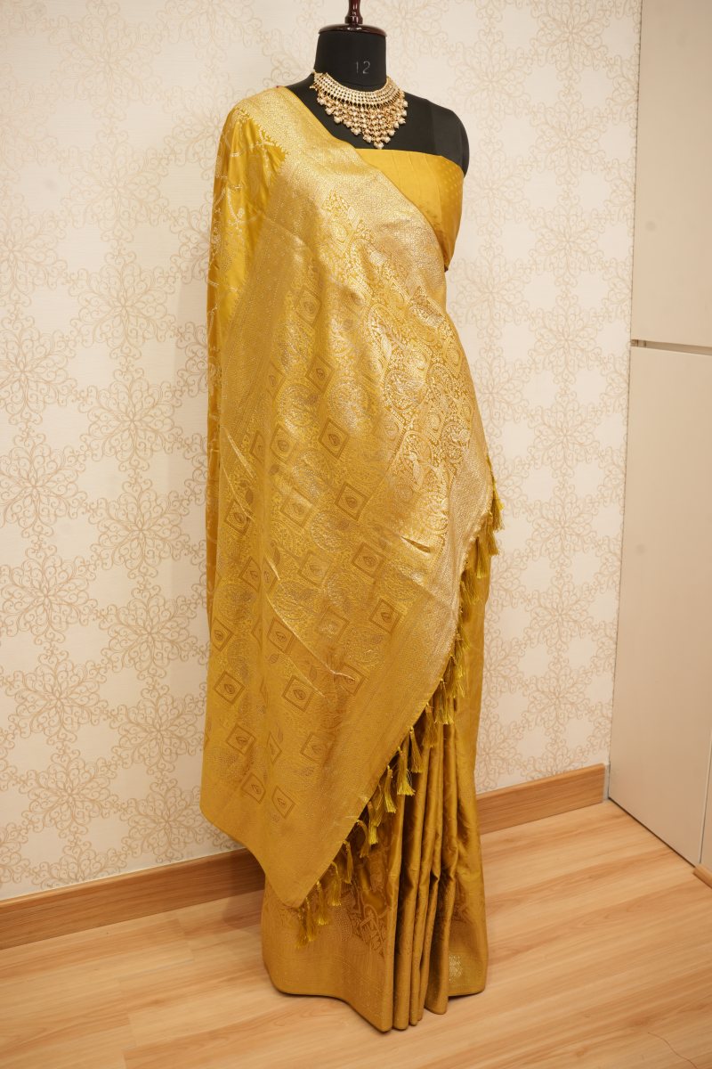 Mustard Gold Satin Saree with Peacock Jaal — photo 5