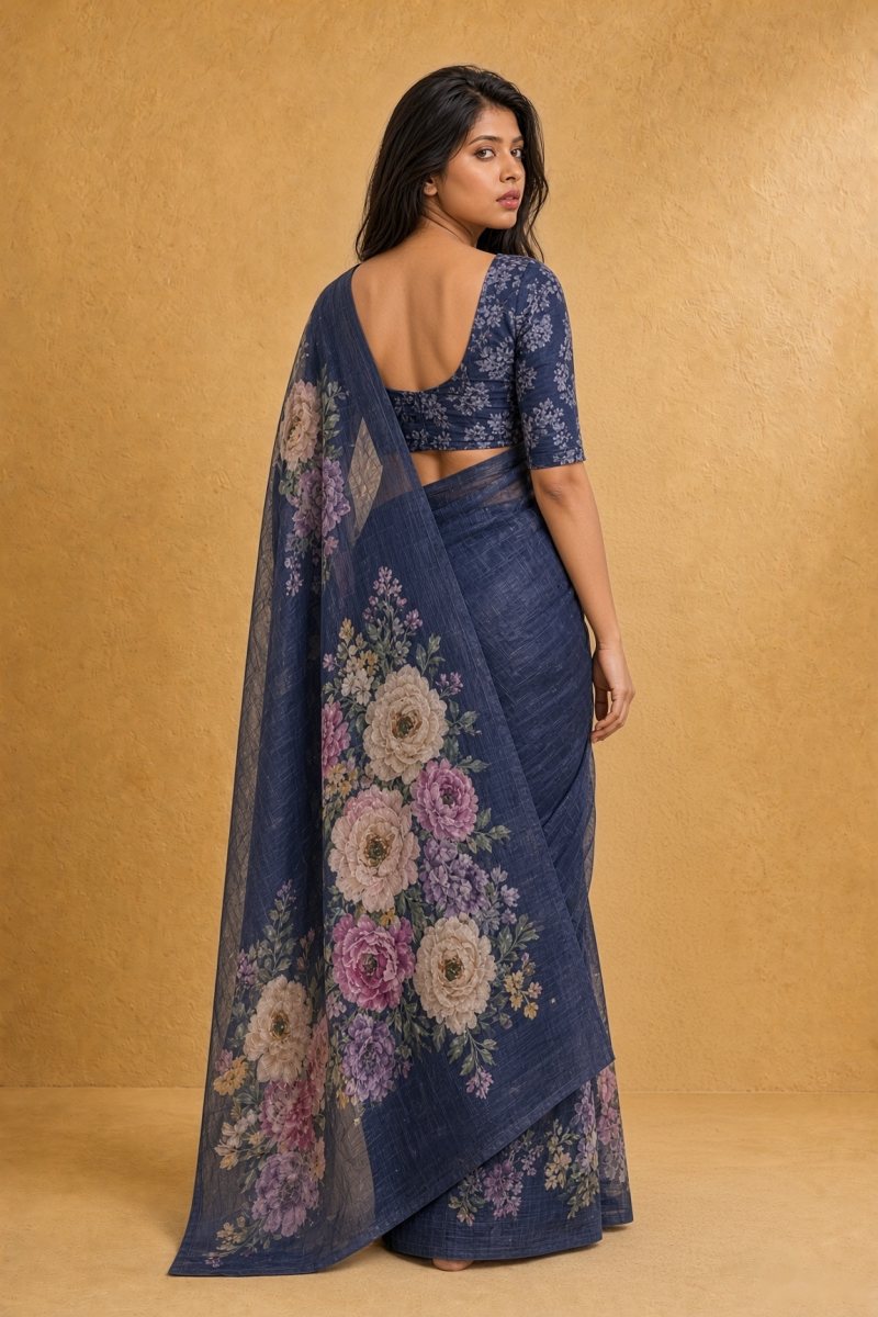 Midnight Slate Blue Viscose Khadi Georgette Floral Saree — back