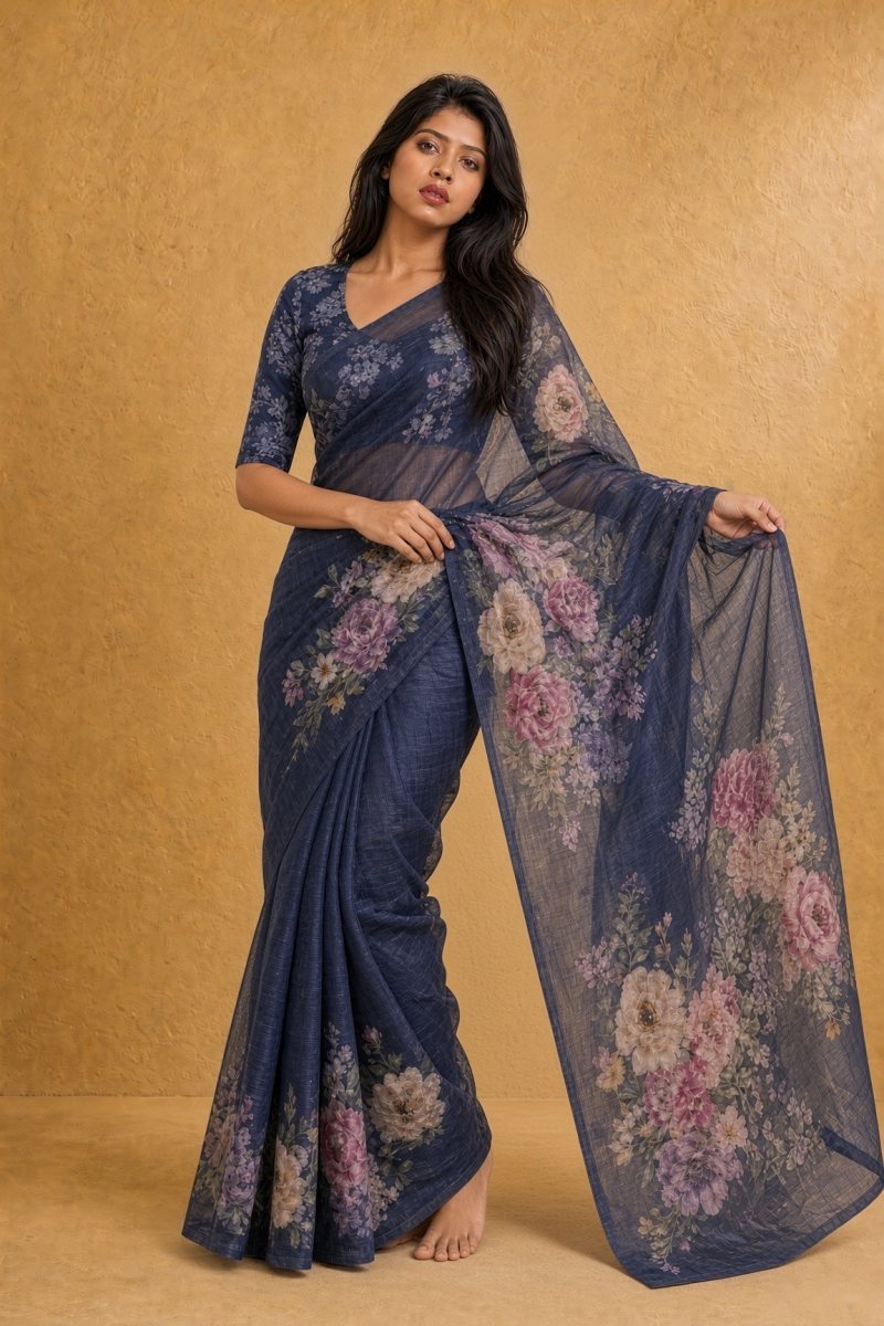 Midnight Slate Blue Viscose Khadi Georgette Floral Saree — right three-quarter view