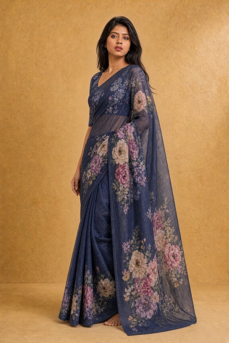 Midnight Slate Blue Viscose Khadi Georgette Floral Saree — left three-quarter view