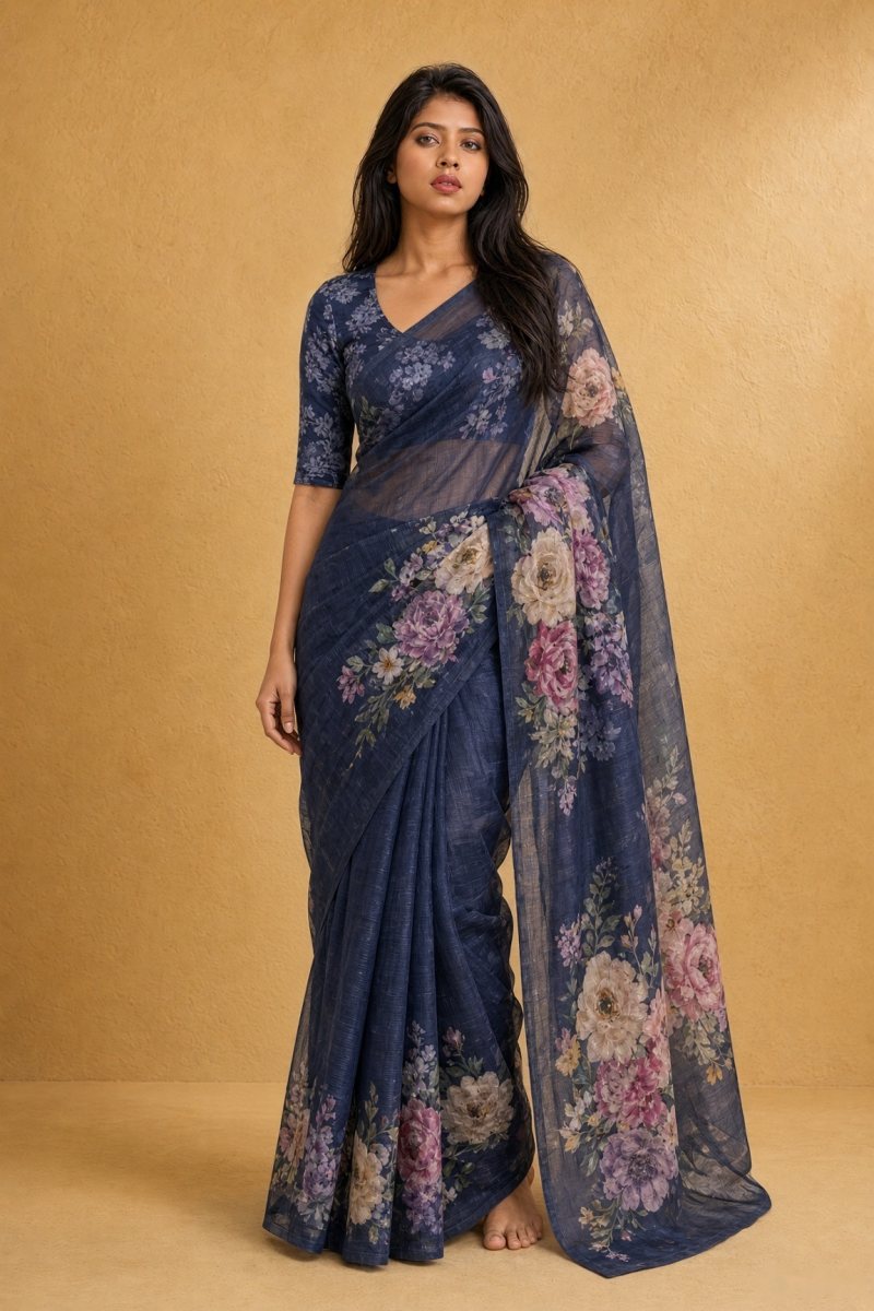 Midnight Slate Blue Viscose Khadi Georgette Floral Saree — front