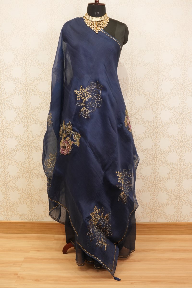 Deep Navy Blue Pure Organza Saree with 3D Floral Patchwork — photo 7