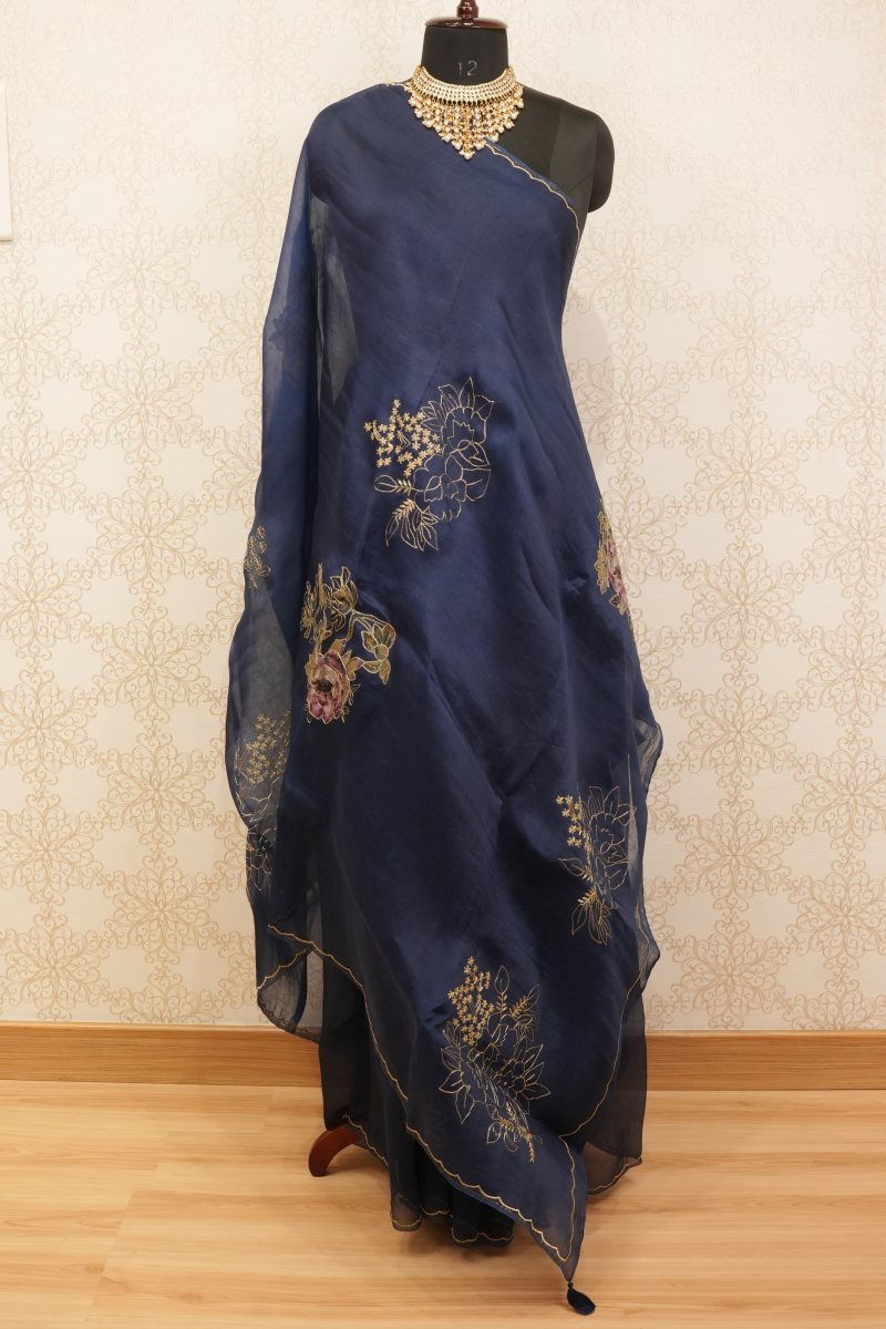 Deep Navy Blue Pure Organza Saree with 3D Floral Patchwork — photo 6