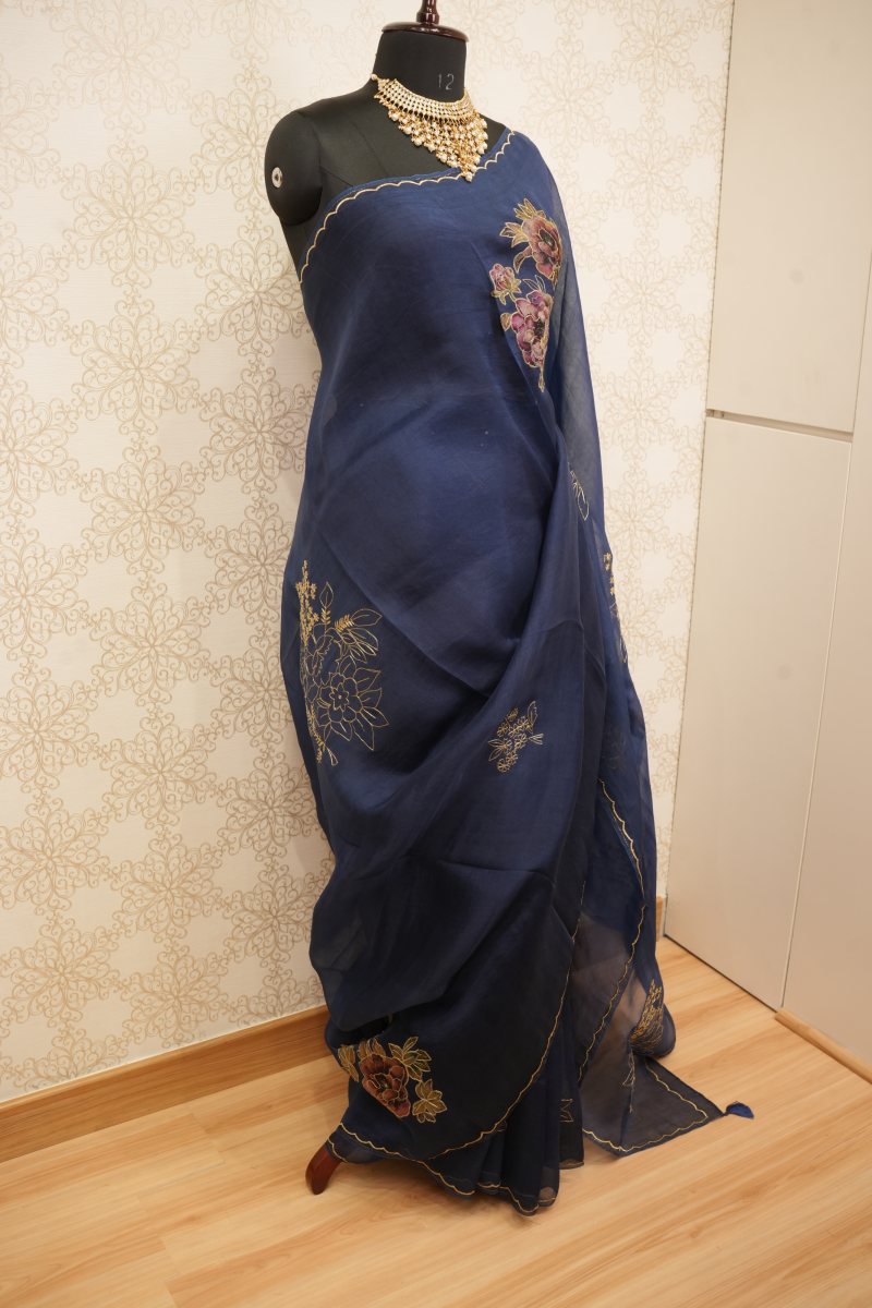 Deep Navy Blue Pure Organza Saree with 3D Floral Patchwork — photo 5