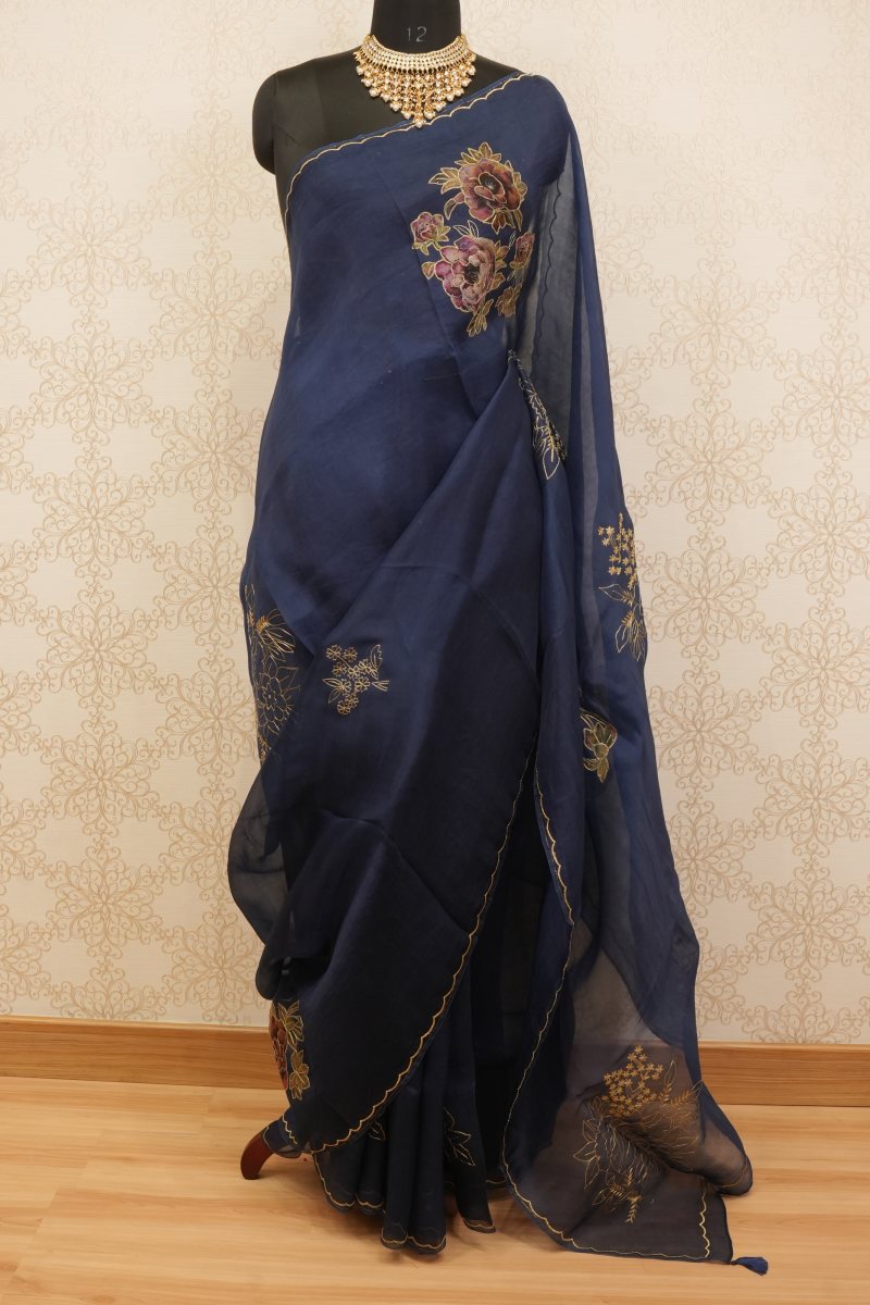 Deep Navy Blue Pure Organza Saree with 3D Floral Patchwork — front
