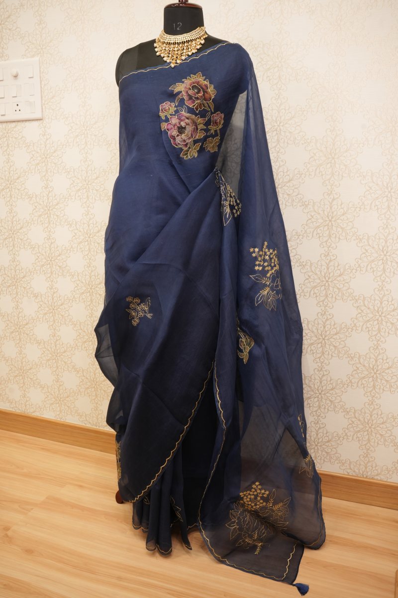 Deep Navy Blue Pure Organza Saree with 3D Floral Patchwork — photo 3