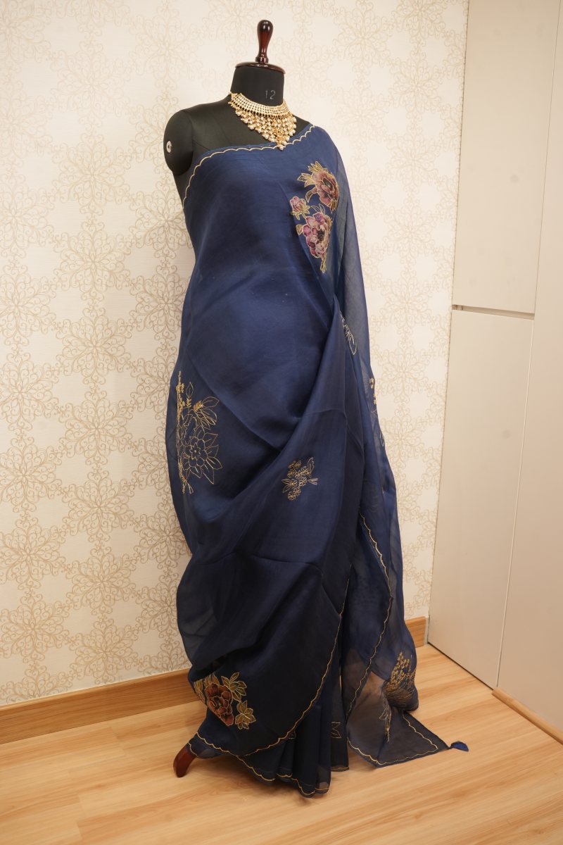 Deep Navy Blue Pure Organza Saree with 3D Floral Patchwork — photo 4