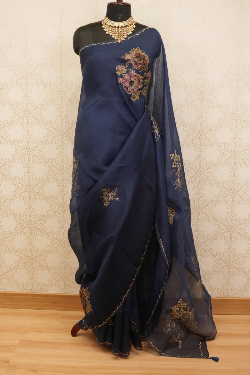 Deep Navy Blue Pure Organza Saree with 3D Floral Patchwork — photo 2