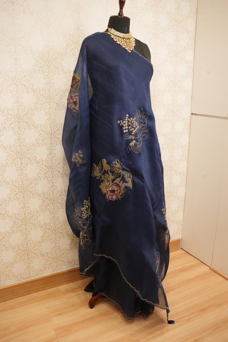 Deep Navy Blue Pure Organza Saree with 3D Floral Patchwork — photo 8