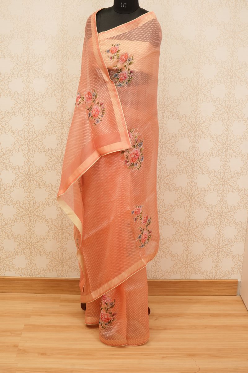 Peach Coral Pure Organza Saree with Floral Appliqué — photo 2