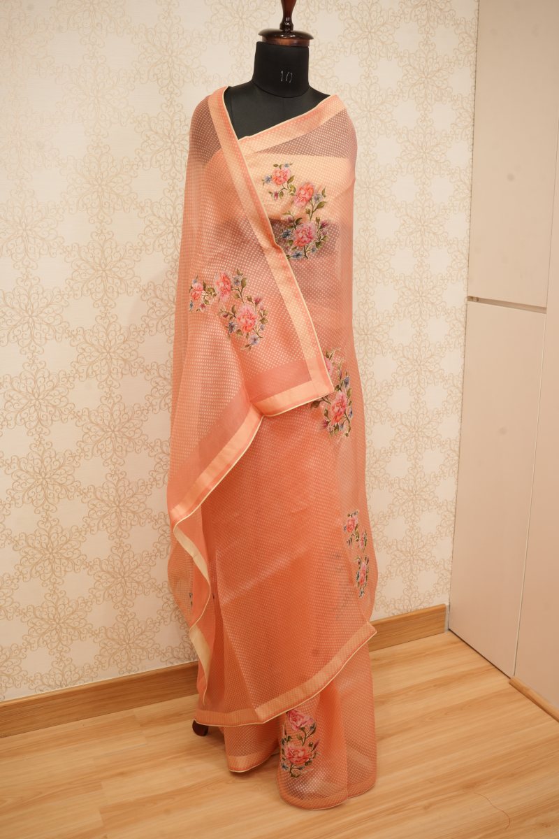 Peach Coral Pure Organza Saree with Floral Appliqué — photo 3