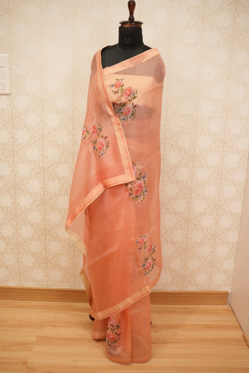 Peach Coral Pure Organza Saree with Floral Appliqué — photo 4