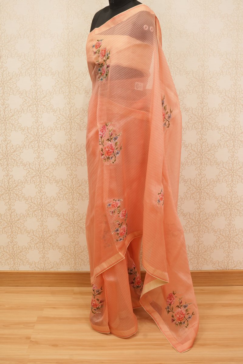Peach Coral Pure Organza Saree with Floral Appliqué — photo 5