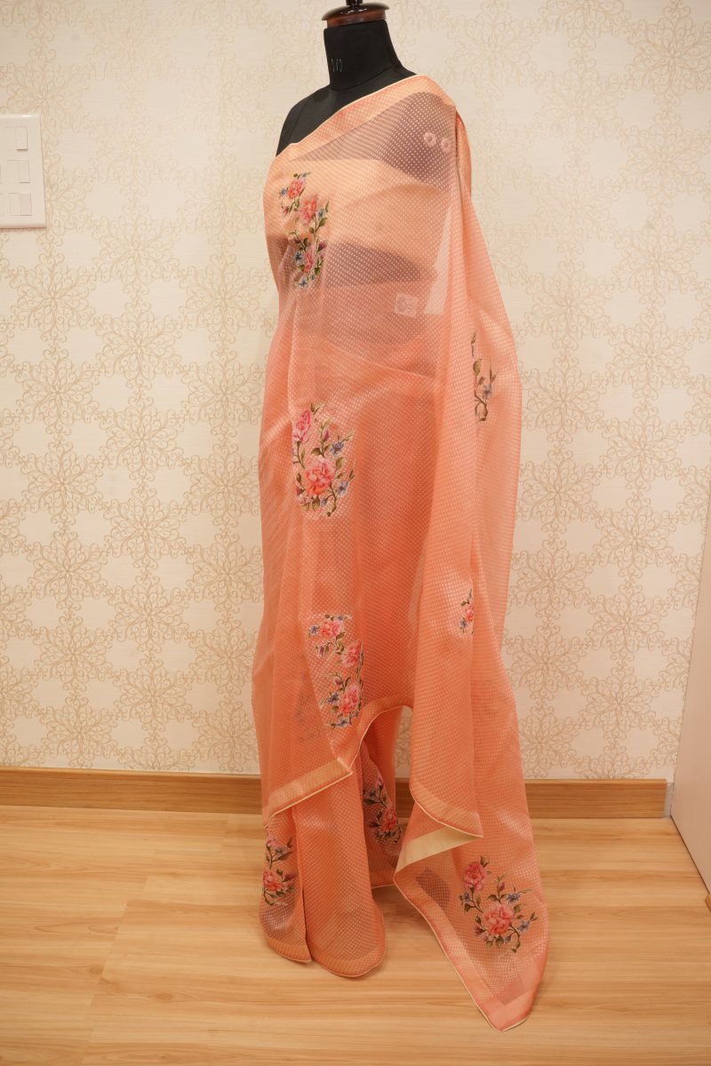 Peach Coral Pure Organza Saree with Floral Appliqué — photo 6