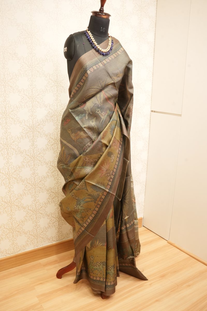 Antique Bronze and Olive Desi Tussar Saree — photo 4