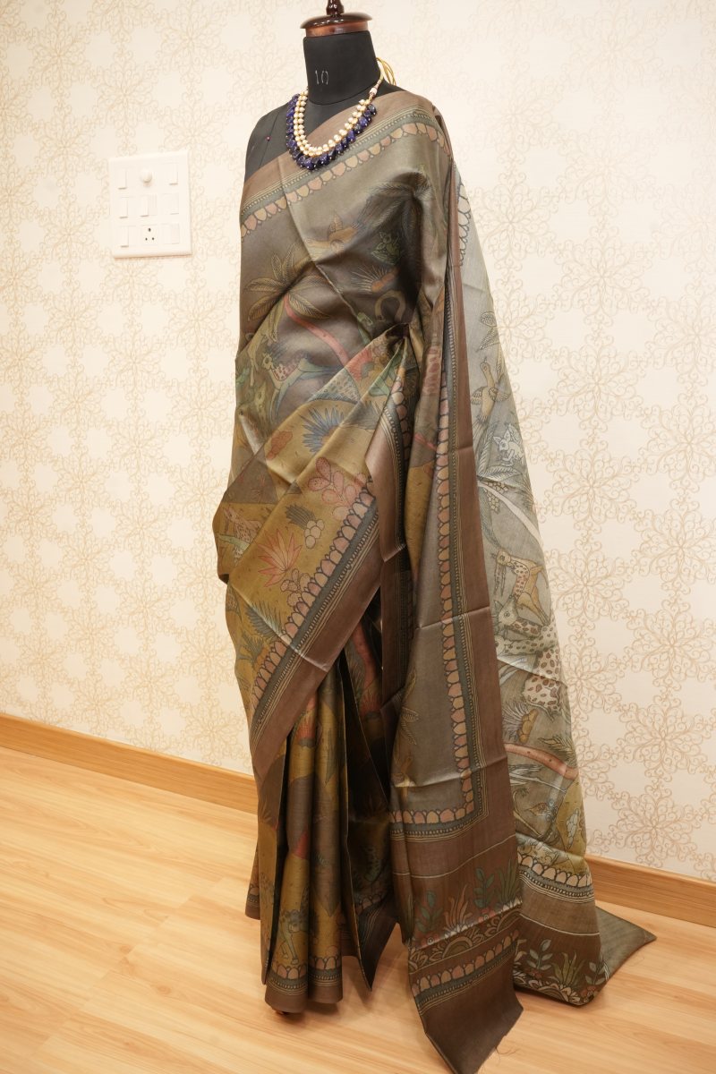 Antique Bronze and Olive Desi Tussar Saree — photo 3