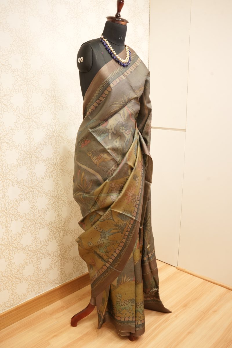 Antique Bronze and Olive Desi Tussar Saree — photo 5