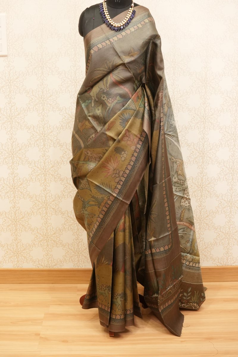 Antique Bronze and Olive Desi Tussar Saree — photo 2