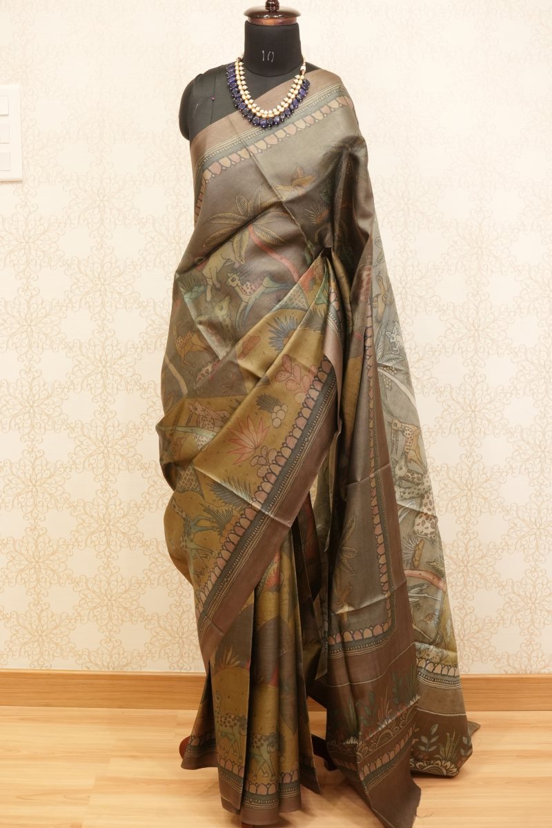 Antique Bronze and Olive Desi Tussar Saree — front
