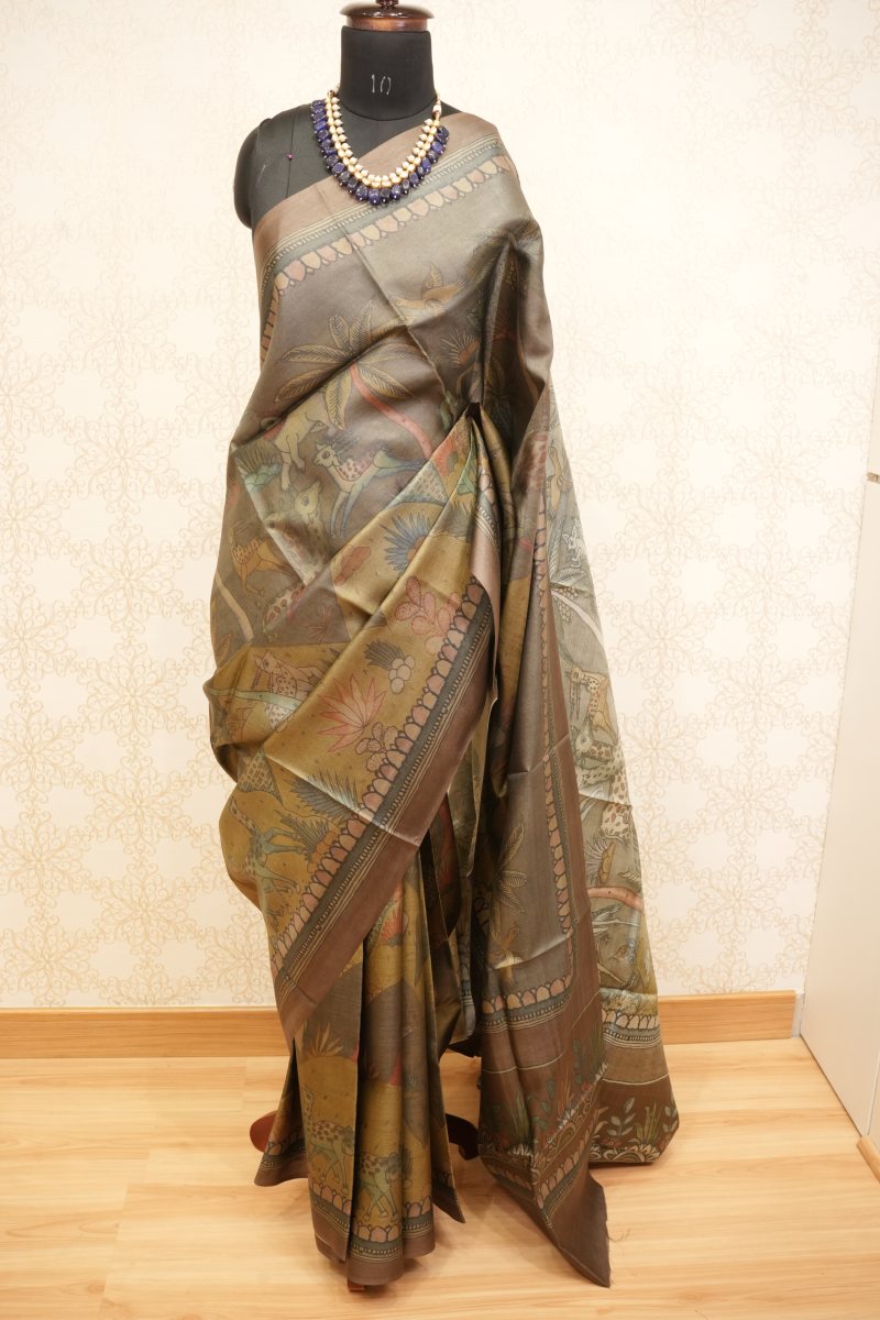 Antique Bronze and Olive Desi Tussar Saree — photo 6