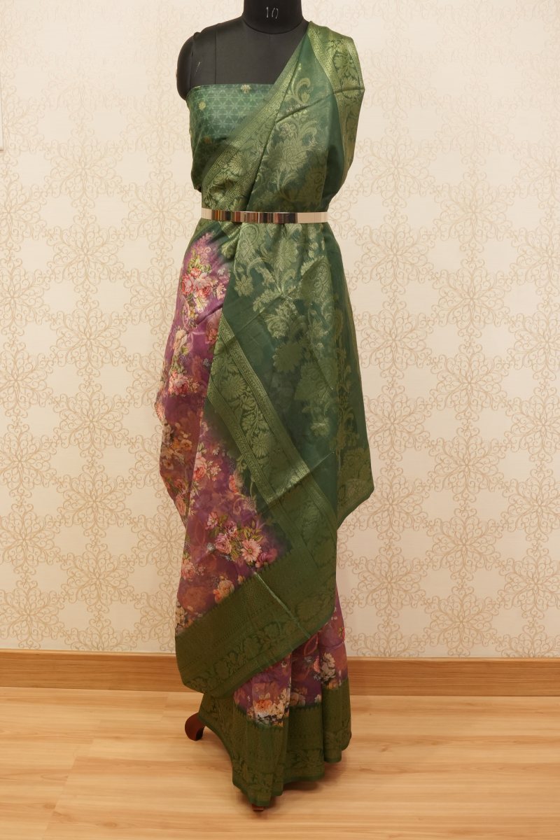 Forest Green and Wine South Silk Floral Print Saree — front