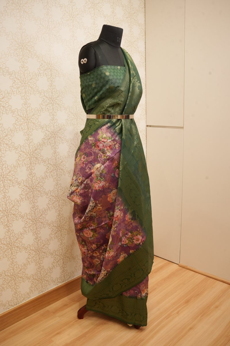 Forest Green and Wine South Silk Floral Print Saree — photo 4