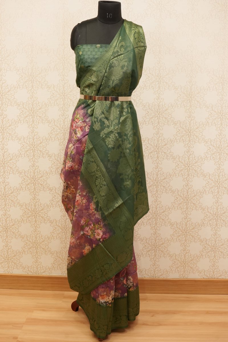 Forest Green and Wine South Silk Floral Print Saree — photo 2