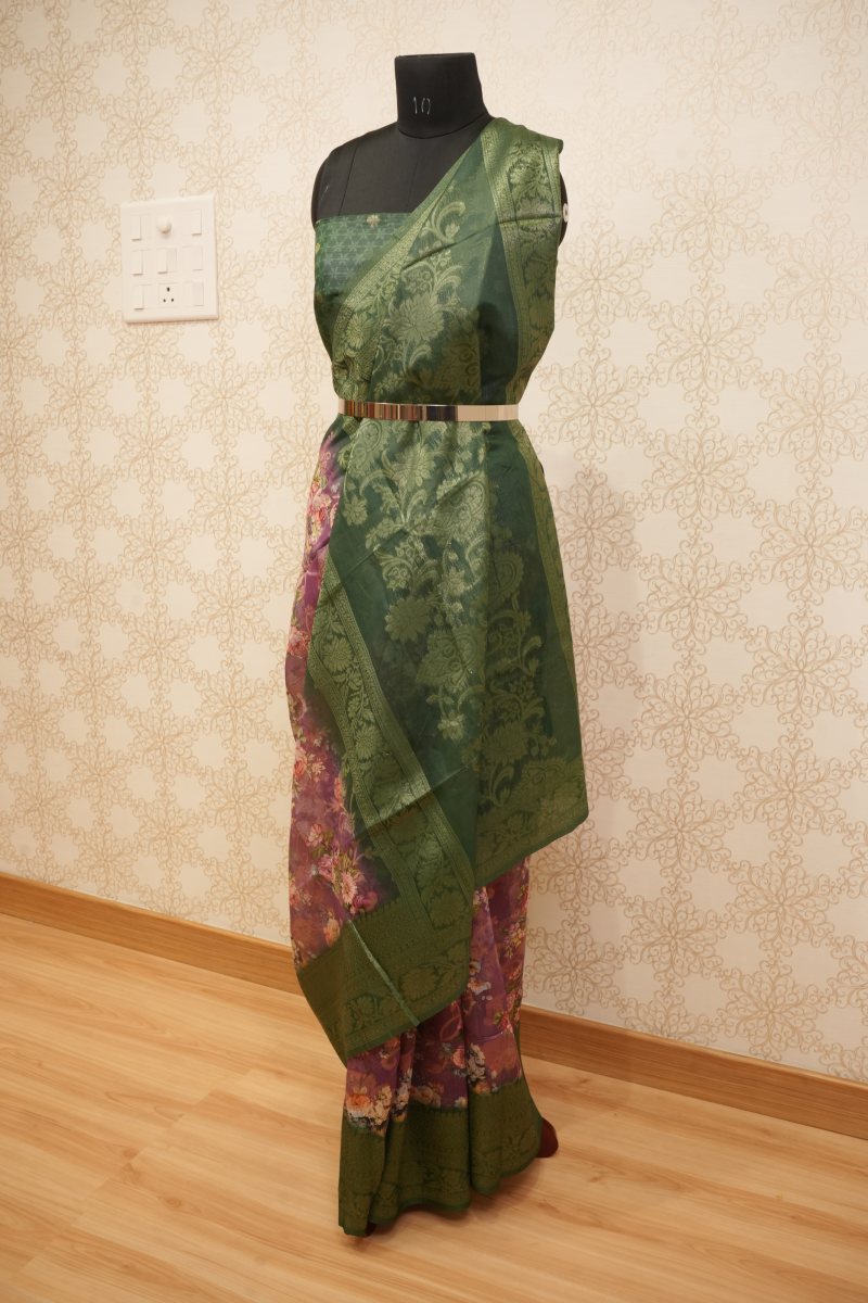 Forest Green and Wine South Silk Floral Print Saree — photo 3