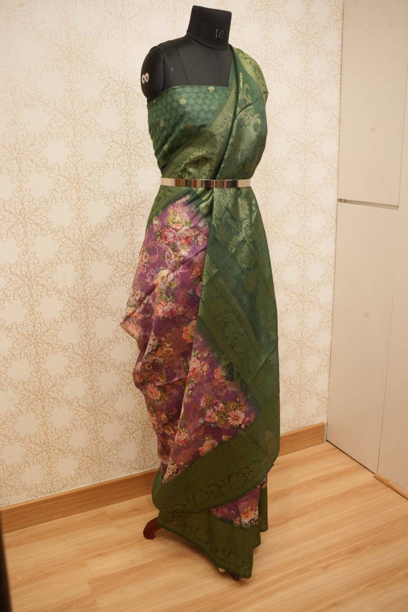 Forest Green and Wine South Silk Floral Print Saree — photo 5