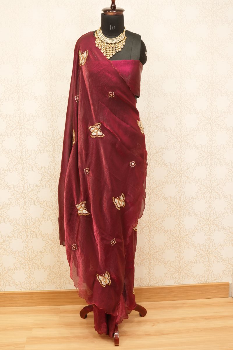 Dark Wine Crepe Silk Saree with Butterfly Motifs — photo 2
