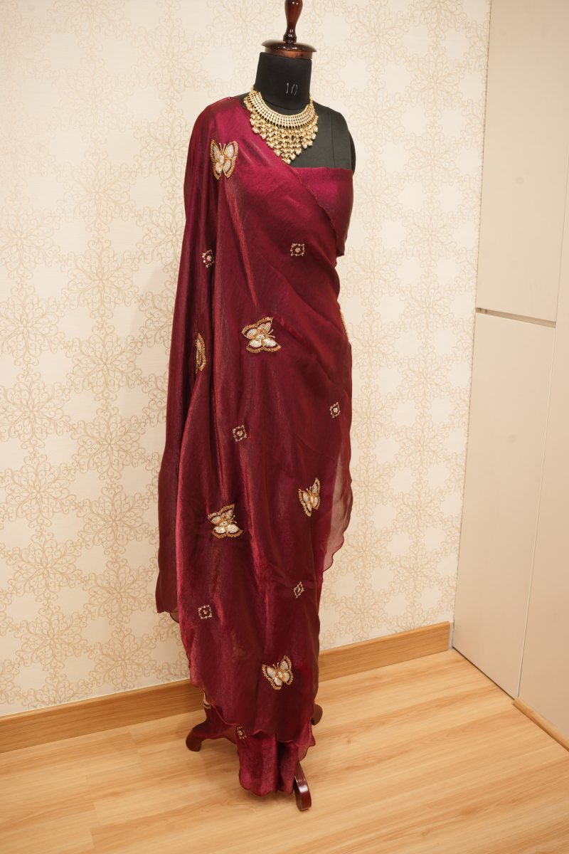 Dark Wine Crepe Silk Saree with Butterfly Motifs — photo 4